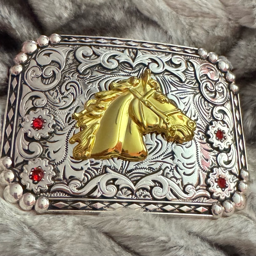 Gold Horse Head Silver Belt Buckle with Red Accents Gems